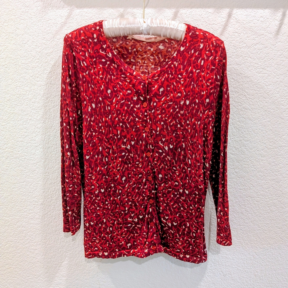 Garnet Hill Merino Wool Red Leopard Print Cardigan